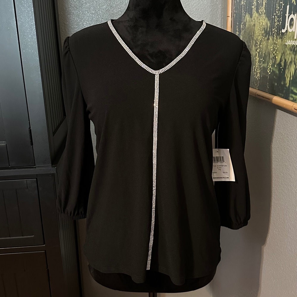 89th & Madison Petite Medium Black Rhinestone Blouse NWT Office Party Chic